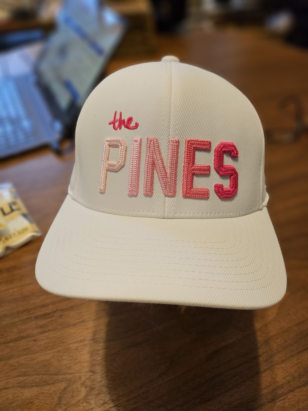 G/FORE White FlexFit Tech Golf Cap with Pink Embroidery The Pines Golf Club Hat